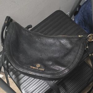 Michael Kors Black Leather Crescent Shoulder Bag with Gold Accents